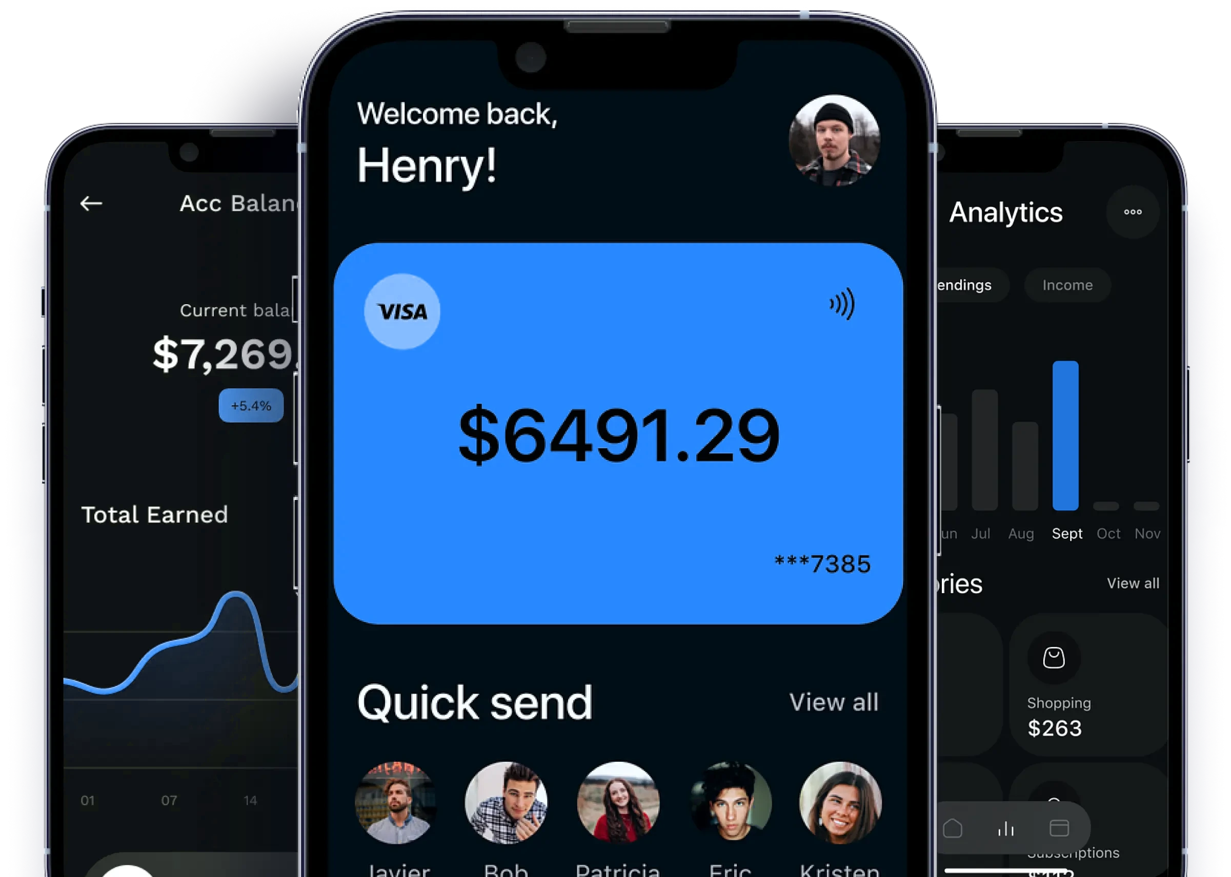 Mobile banking app screens showing card balance, analytics and quick send